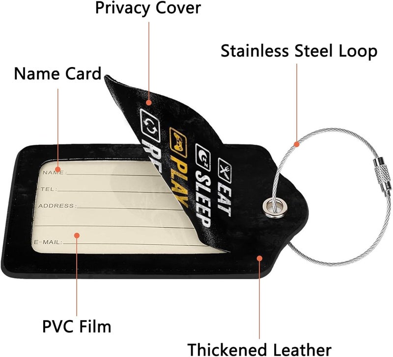 GACCAP 2 Pack Luggage Tags for Suitcase, Privacy Cover ID Label with Stainless Steel and Address Card for Travel Bag Backpack Cruise Ship Essentials Tag Men Boys - Eat Sleep Play Repeat - Image 3